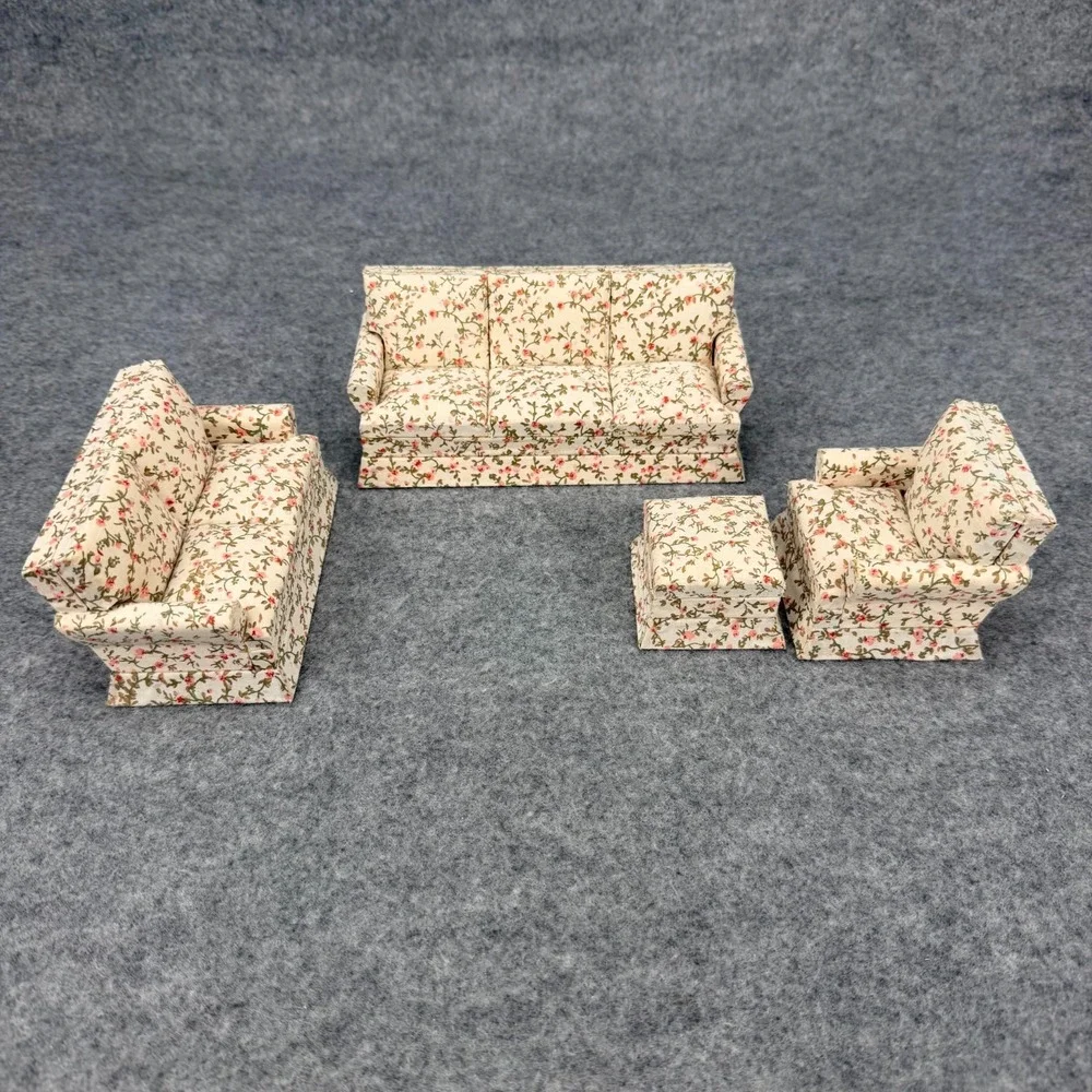 Miniature Dollhouse Floral Living Room Furniture Set Sofa Chairs Ottoman 4 Pc